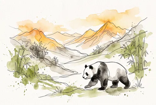 Watercolor and Ink Giant Panda Landscape