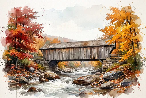 Watercolor Covered Bridge in Autumn