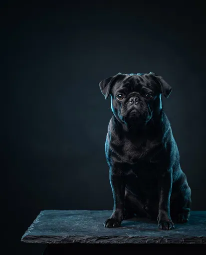Black Pug Studio Portrait on Dark Slate
