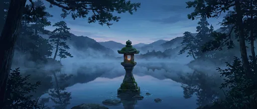 Anime Stone Lantern in Misty Lake
