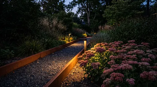 Illuminated Garden Pathway with Flowering Stonecrop