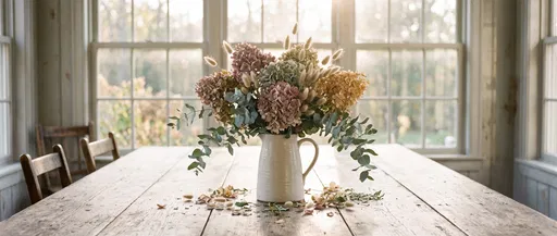Autumn Hydrangea Bouquet on Farmhouse Table