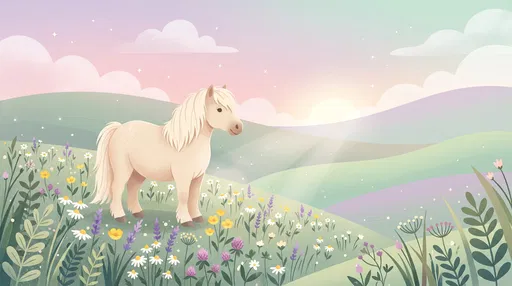 Pastel Pony in Sunrise Wildflower Meadow