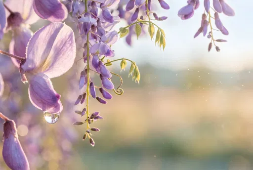 Backlit Lavender Wisteria With Morning Dewdrop