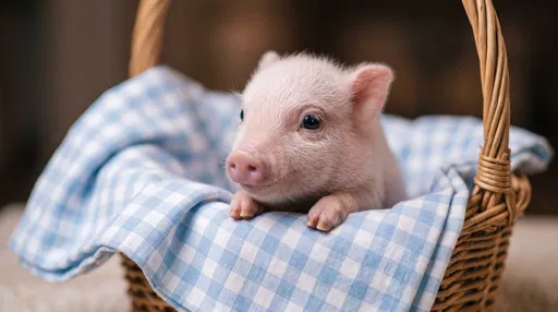 Miniature Pink Piglet in Wicker Basket