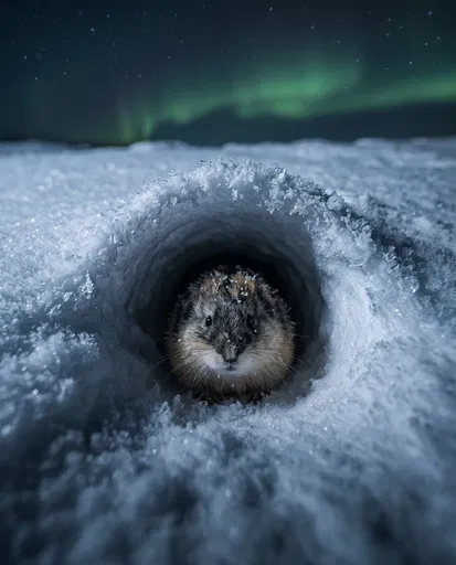 Lemming Peeking From Frosty Snow Tunnel
