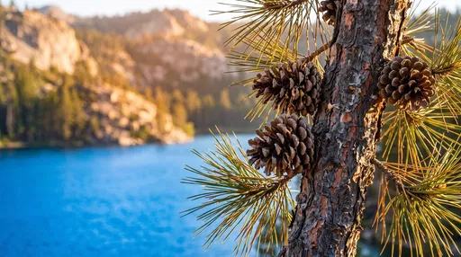 Pine Branch Overlooking Mountain Lake at Sunset