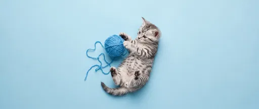 Silver Tabby Kitten Playing With Blue Yarn