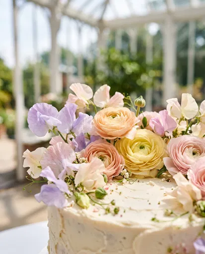 Pastel Floral Buttercream Cake in Sunlit Conservatory
