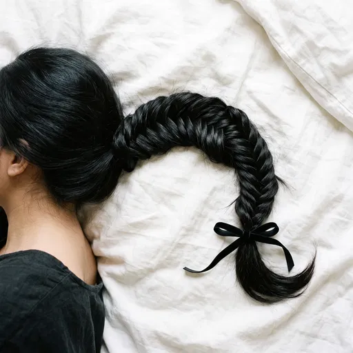 Woman With Black Fishtail Braid on Linen