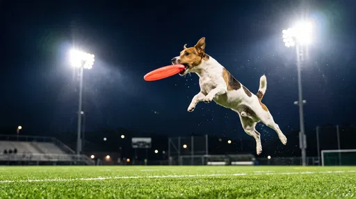 Jack Russell Terrier Catching Frisbee at Night