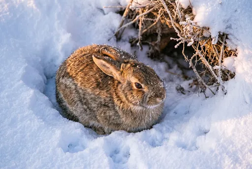 Wild Rabbit Huddled in Winter Snow