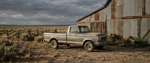 Weathered Gray Pickup Truck by Metal Barn