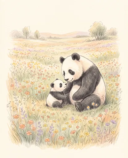 Mother Panda and Cub in Flower Meadow