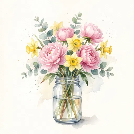 Watercolor Peony and Daffodil Bouquet