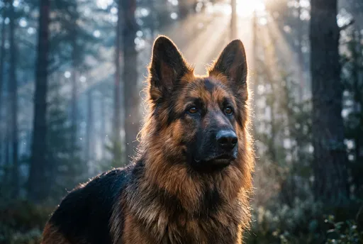 German Shepherd Portrait in Misty Forest