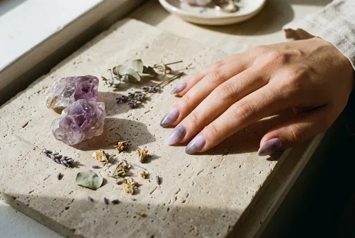 Hand with Lavender Ombre Nails and Amethyst