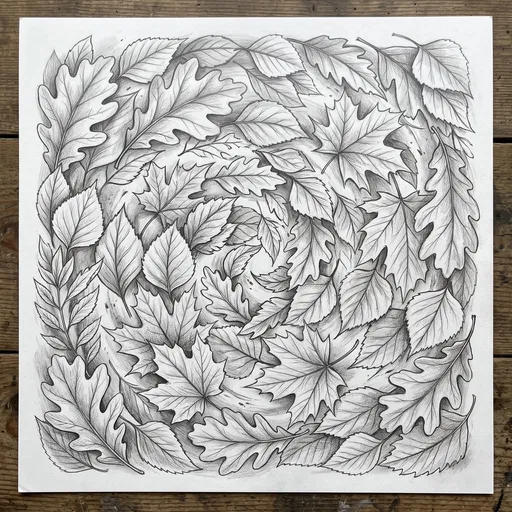 Graphite Drawing of Swirling Autumn Leaves