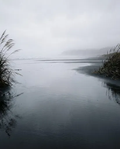 Misty Black Sand Beach Reflection