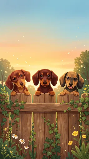 Three Dachshund Puppies Peeking Over Fence