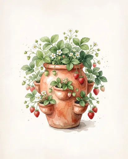 Watercolor Terracotta Strawberry Jar Planter Illustration