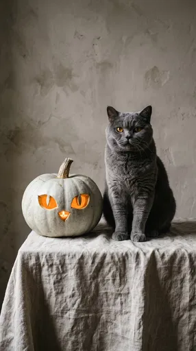 Grey British Shorthair Cat Beside Carved Pumpkin