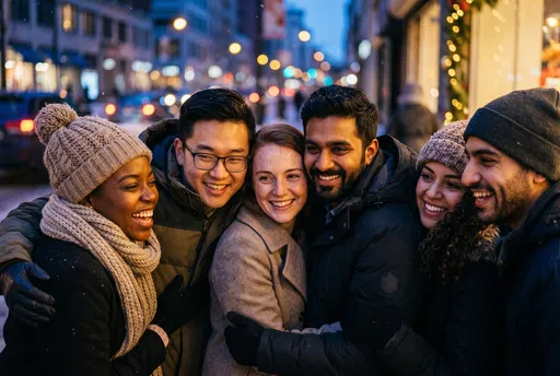 Six Diverse Friends Hugging on Winter Street