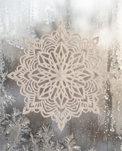 Intricate Paper Snowflake on Frosty Window