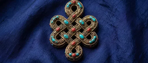 Ornate Brass Knot Symbol on Indigo Silk
