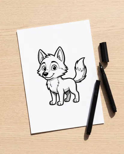 Cartoon Wolf Drawing Flat Lay