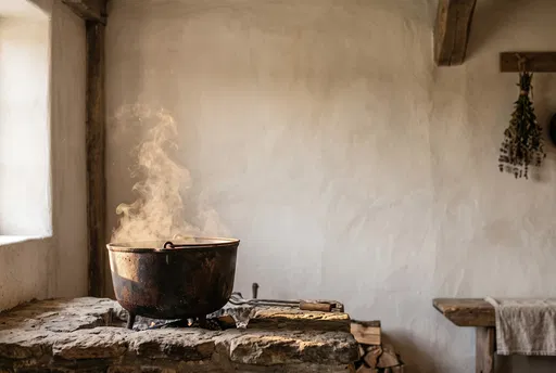 Steaming Cast Iron Cauldron on Stone Hearth