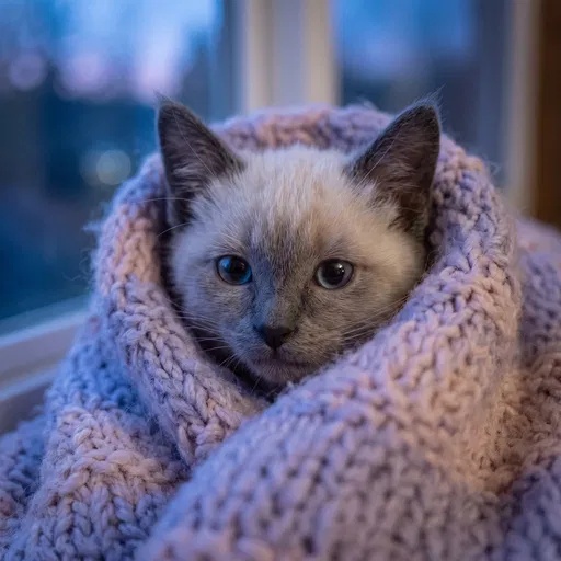 Siamese Kitten Wrapped in Knit Blanket