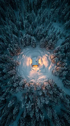 Aerial View of Cabin in Snowy Forest