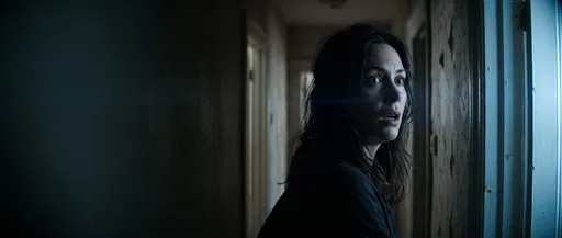 Shocked Woman in Dimly Lit Hallway