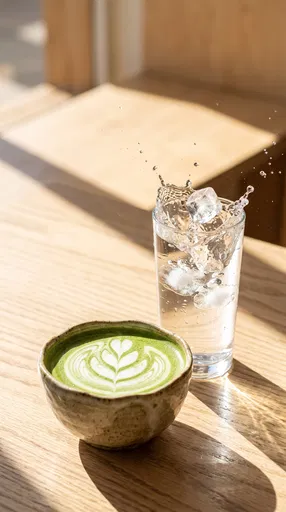 Matcha Latte and Splashing Ice Water