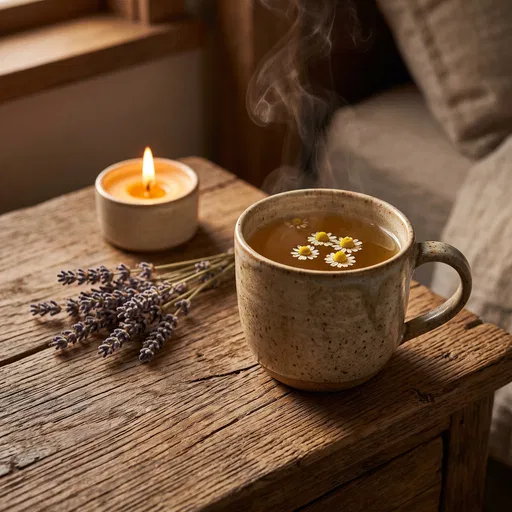 Steaming Chamomile Tea with Lavender and Candle