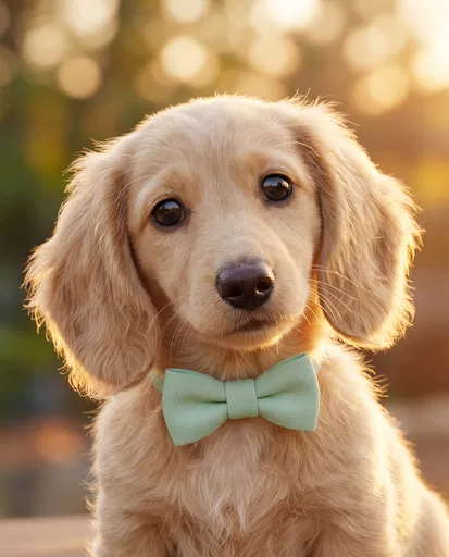 Cream Puppy Wearing Mint Bow Tie