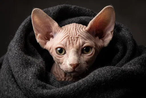 Sphynx Kitten Wrapped in Charcoal Scarf