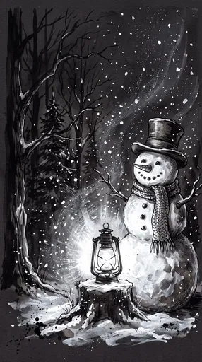 Ink Wash Snowman With Glowing Lantern
