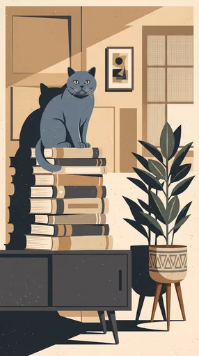 Mid-Century Illustration of Cat on Books