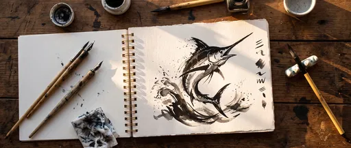 Sumi Ink Swordfish Drawing in Sketchbook