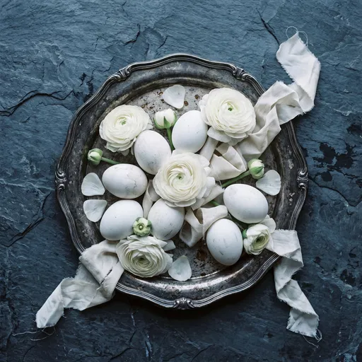 White Eggs and Ranunculus on Pewter Tray