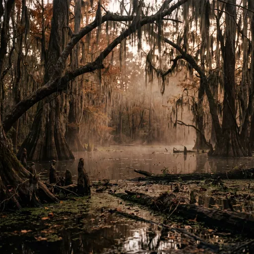 Misty Cypress Swamp at Dusk
