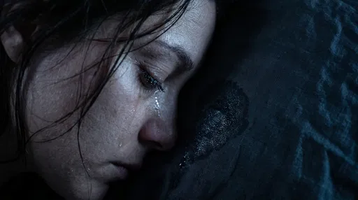 Close-Up of Woman Crying on Pillow