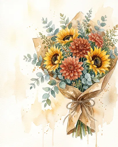 Watercolor Sunflower and Dahlia Bouquet Illustration