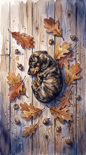 Watercolor Sleeping Dachshund Puppy Among Autumn Leaves