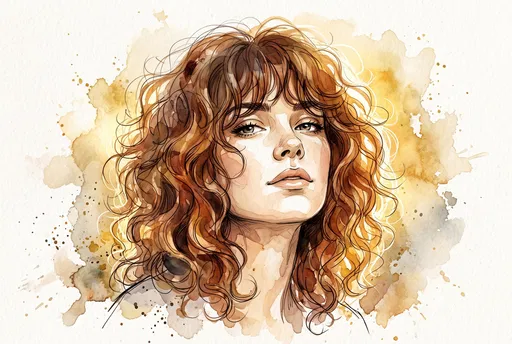 Watercolor Portrait of Woman With Curly Shag