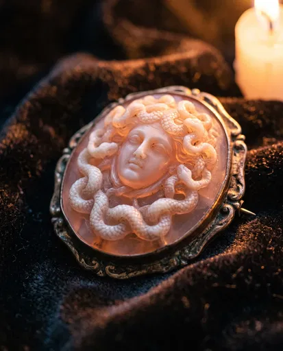 Candlelit Carved Gorgon Cameo Brooch