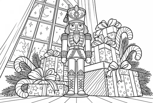 Christmas Nutcracker and Gifts Coloring Page
