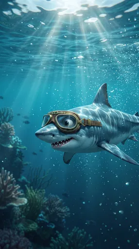 Cartoon Shark Wearing Vintage Goggles Underwater